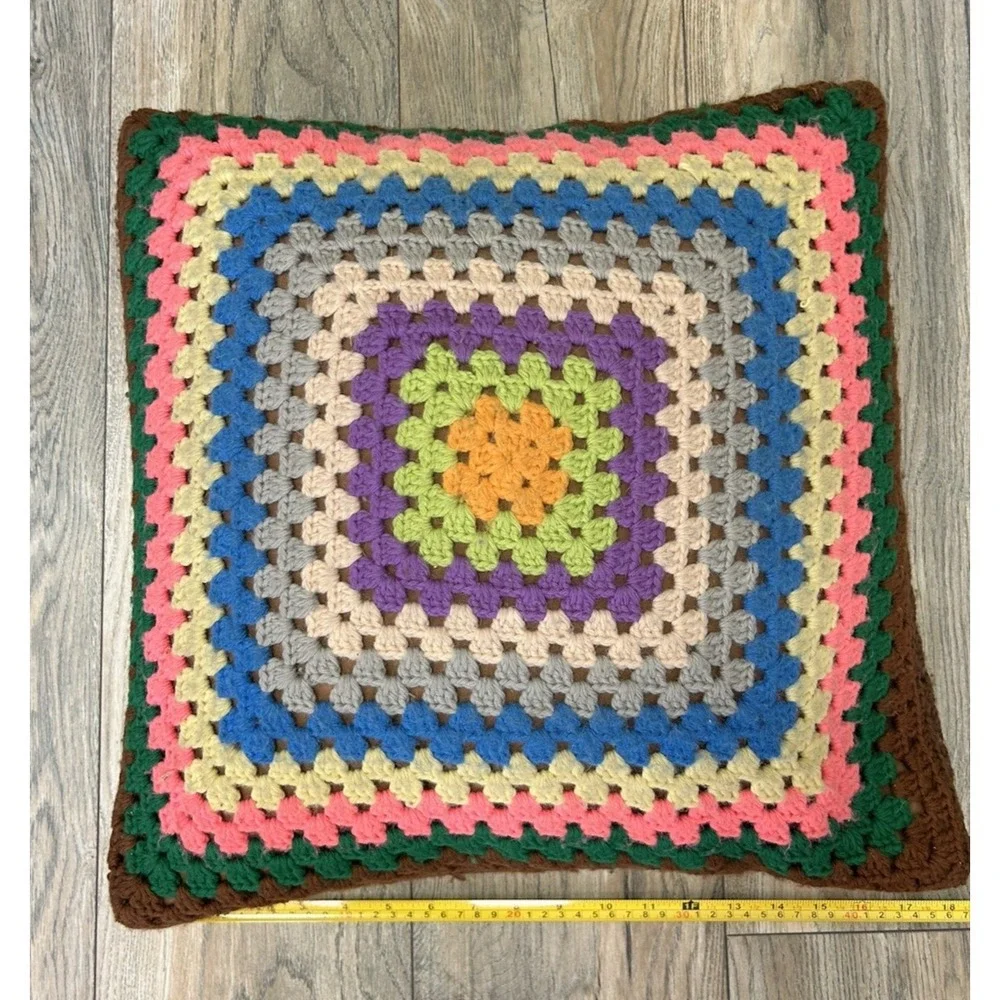 Vintage 2 Granny Square Crochet Throw Pillow & Case Rainbow Handmade Decorative
